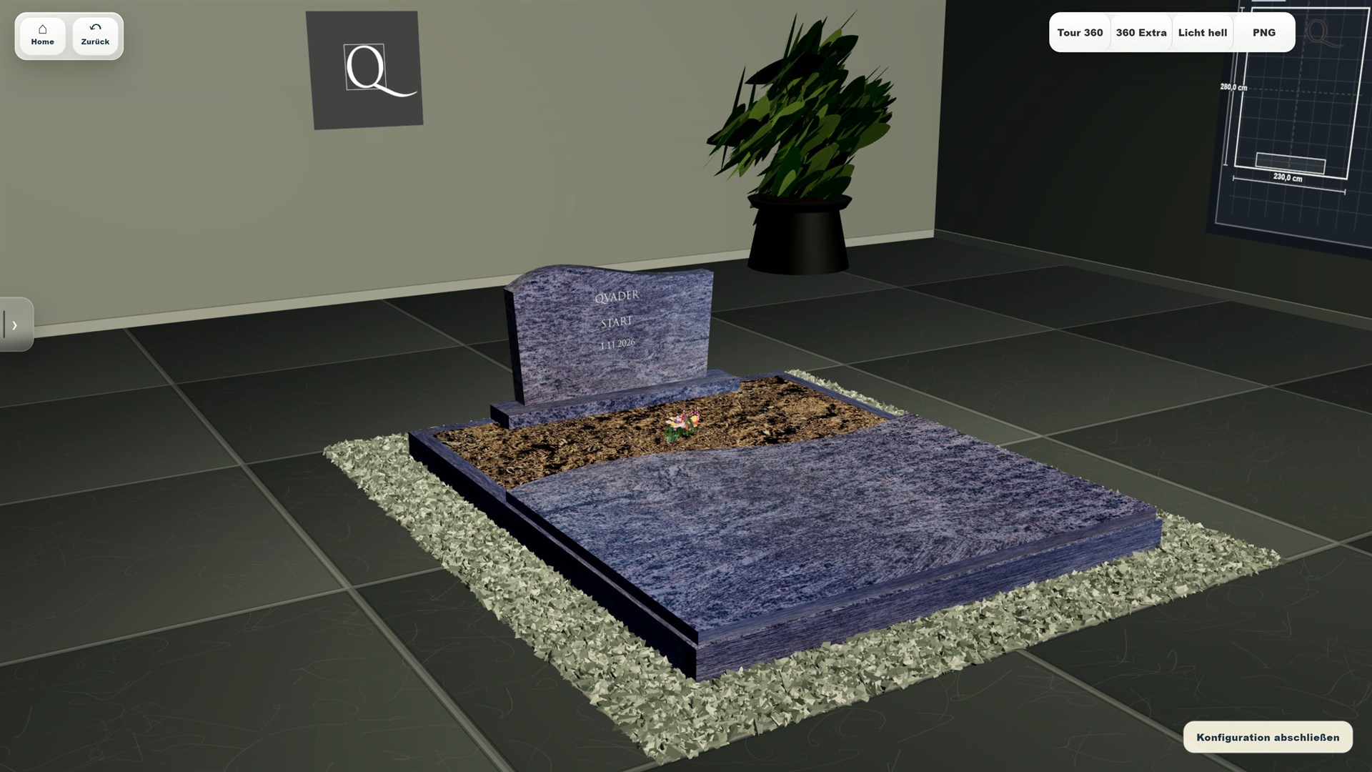Original-QVADER-Konfigurator mit Grabmal im Showroom